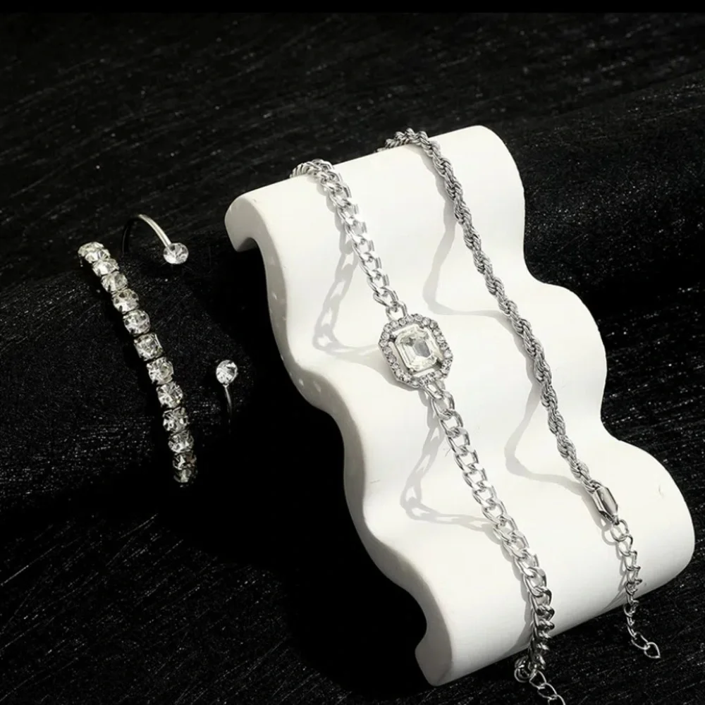 Women’s Silver Rhinestone and Chain Four Piece Bracelet Bundle Set NWT. - Picture 2 of 3